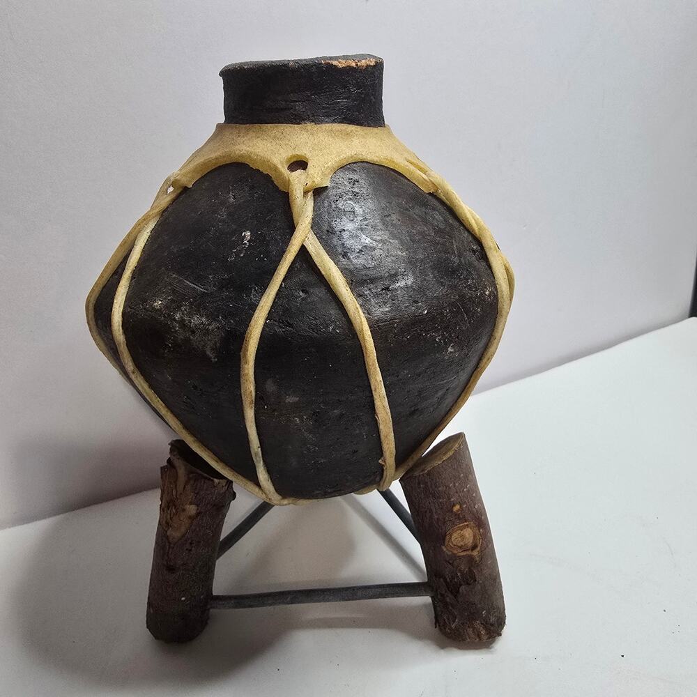 Oaxacan Barro Negro Black Clay Vase Wood Stand Handmade Mexico Folk Art Vintage